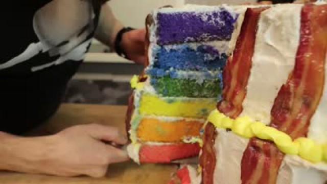 Candy Bacon Cheeseburger Rainbow Cake