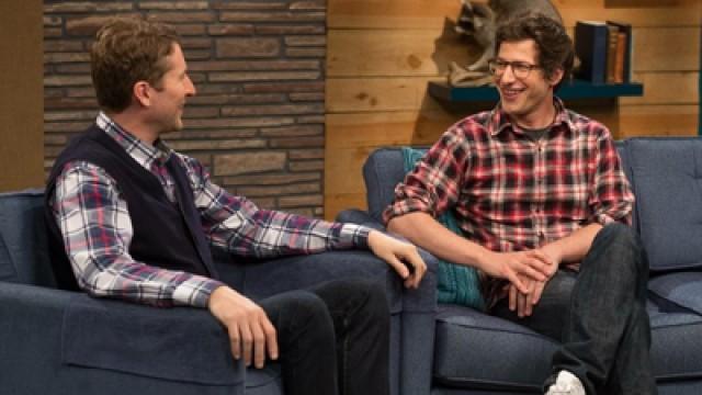 Andy Samberg Wears a Plaid Shirt & Glasses