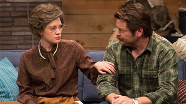 Nick Offerman Wears a Green Flannel Shirt & Brown Boots