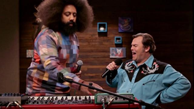 Jack Black Wears an Embroidered Cowboy Shirt and Ox Blood Sneakers