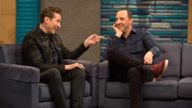 Tony Hale Wears a Blue Flannel Shirt and Fuchsia Sneakers