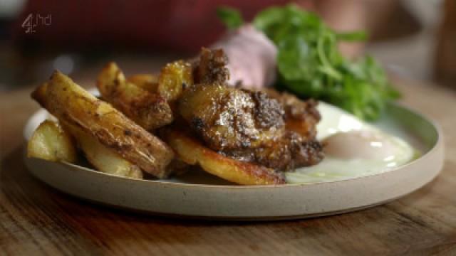 Jerk Ham with Egg and Chips, Chocolate Nougat Cake and Chicken Kebab