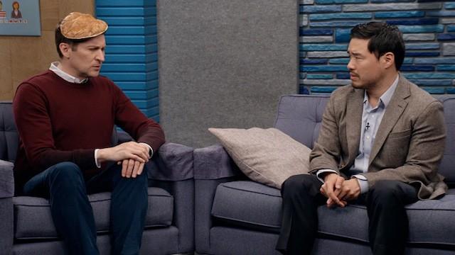 Randall Park Wears Brown Dress Shoes With Blue Socks