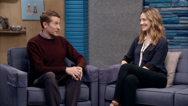 Judy Greer Wears a Navy Blouse and Strappy Sandals