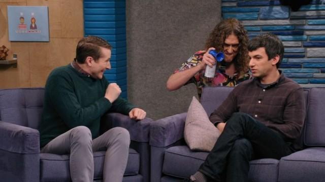 Nathan Fielder Wears a Blue and Grey Flannel and Jeans