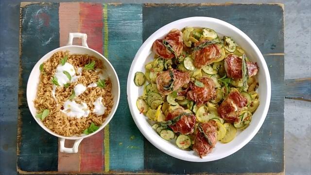 Medaglioni di maiale, zucchine alla menta e riso integrale