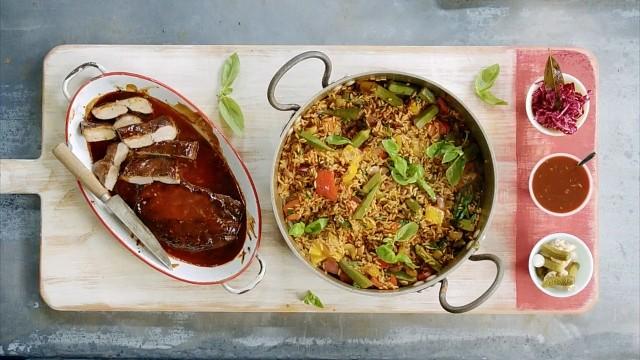 Filetto di maiale glassato, riso alla cajun e salsa barbecue