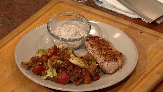 Grilled Pork Chop with Radish and Brussels Sprout Salad