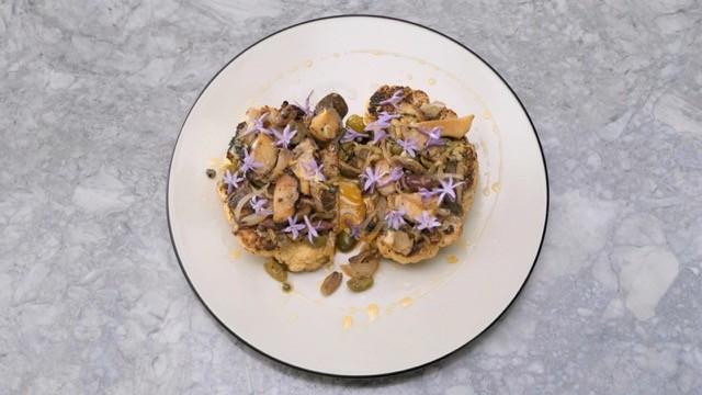 Cauliflower Steak, Olives, and Mushrooms