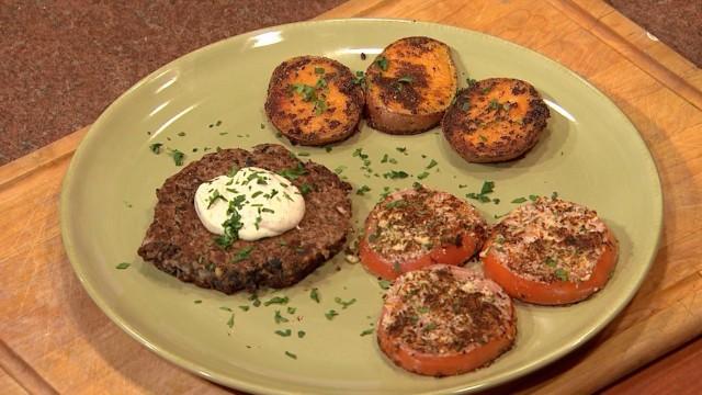 Black Bean Dijon Burger with Sweet Potato Crisps