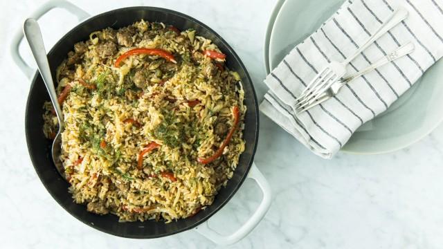 Riz saucisse et fenouil / Côtelettes de porc sauce BBQ blanche