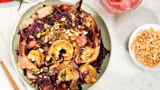 Linguines citron et artichauts / Salade pomélo thaïe crevettes