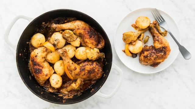Cuisses de poulet aux olives et aux artichauts / Carrés de céréales de riz à la guimauve