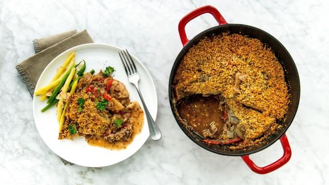 Cocotte d'agneau et de pommes de terre à l'italienne / Haricots verts amandine