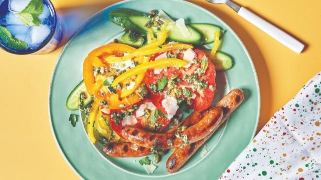 Margarita au maïs / Merguez grillées et tomates aux herbes