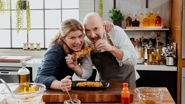 Tapenade aux olives noires / Brochettes de porc et de crevettes / Couscous express